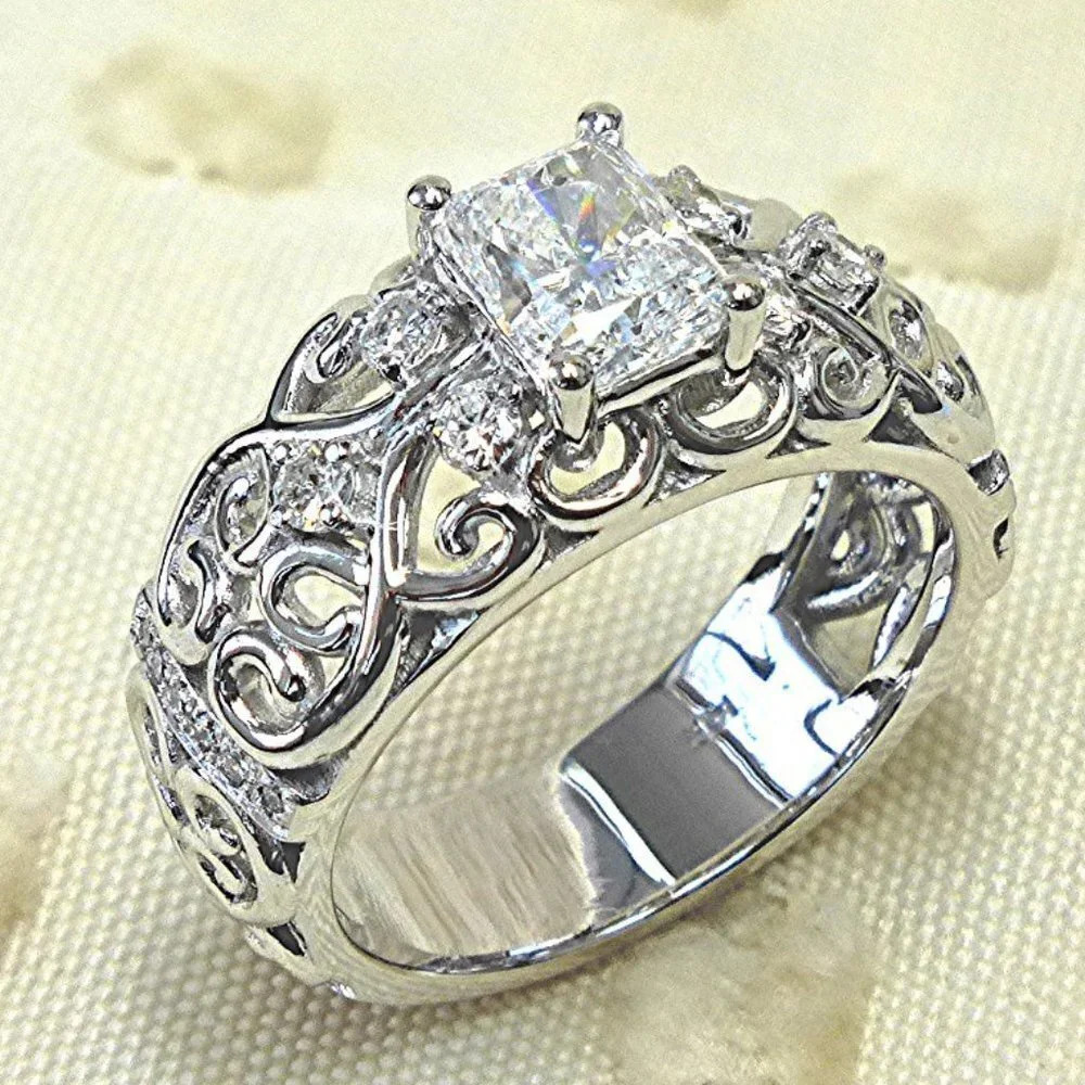 🌸NEW DIAMOND DAINTY RADIANT CUT CARVED 925 STERLING SILVER ETERNITY RING, K997